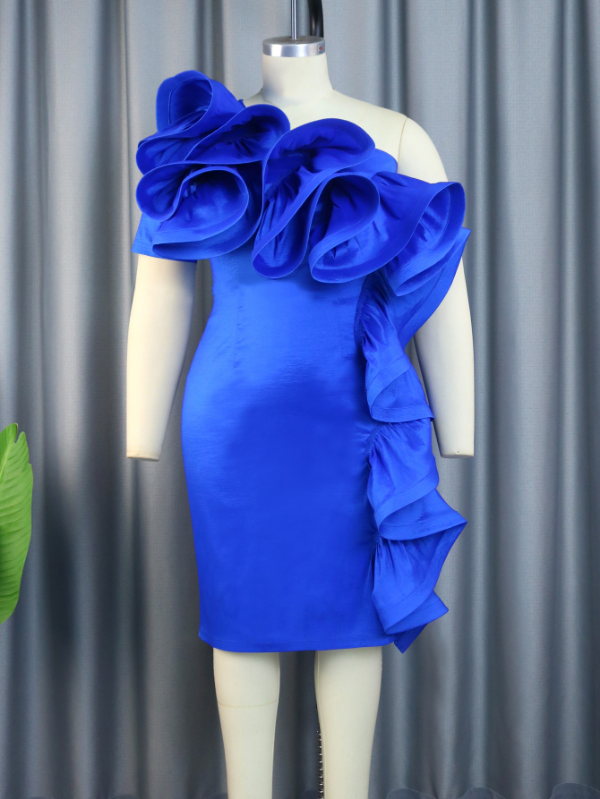 AOMEI Ruffle Shiny Blue One Shoulder Midi Dress