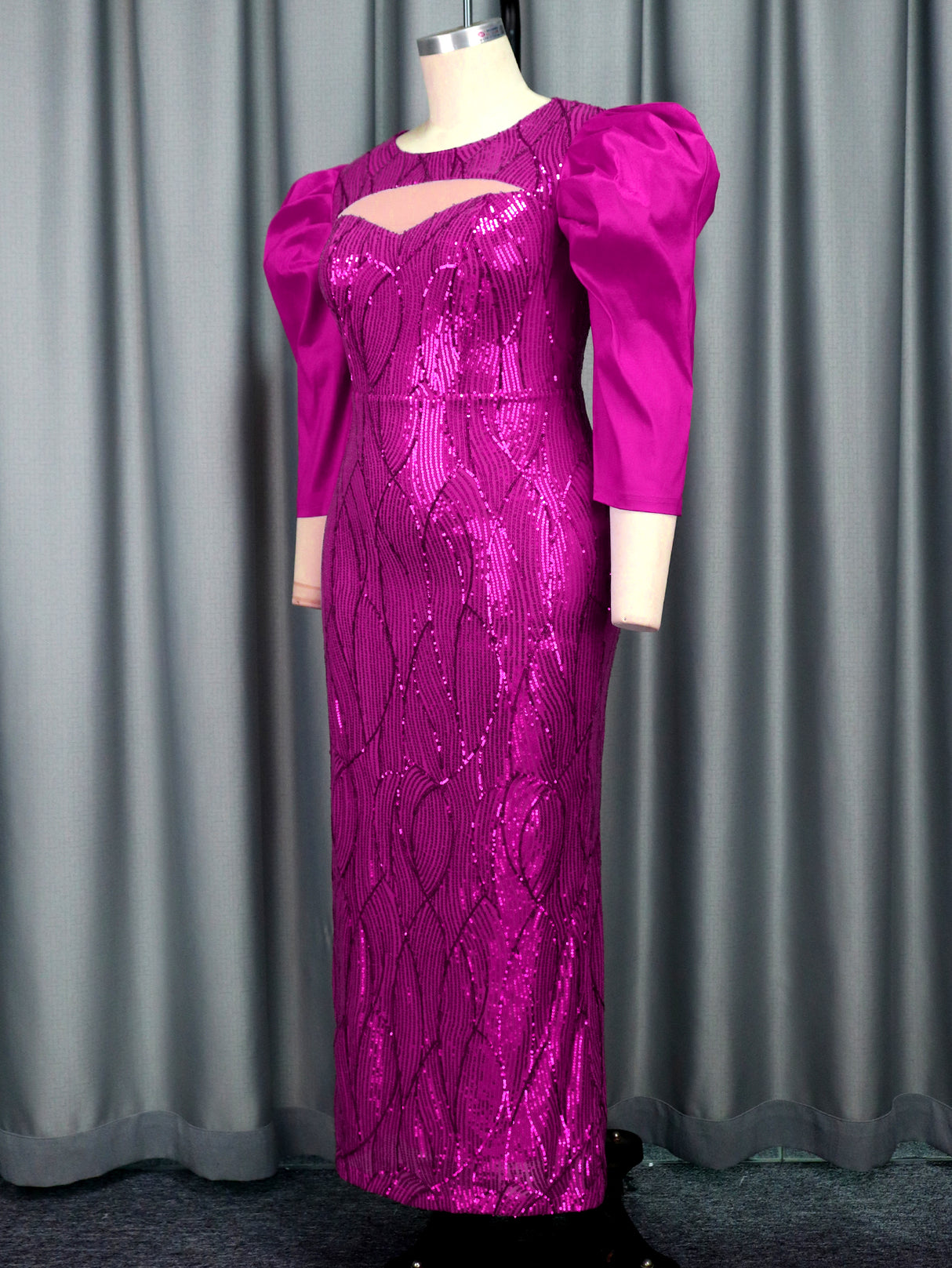 Luxury Sequin Fuchsia Women Event Dress O Neck Mesh Patchwork