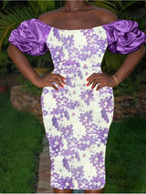 AOMEI Bodycon White Purple Off Shoulder Lace Dress