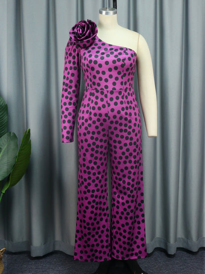 AOMEI Plus Size One Shoulder Polka Dot Printed Jumpsuit