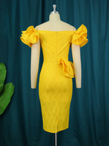 AOMEI Yellow Off Shoulder Ruflle Lace Dresses Midi