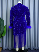 AOMEI Velvet Glitter Sequin Feather Sleeve Tassel Dress Mini
