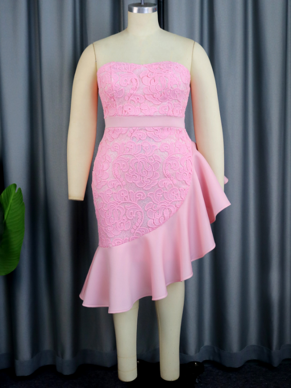 AOMEI Strapless Sexy Pink Lace Mini Fishtail Dress
