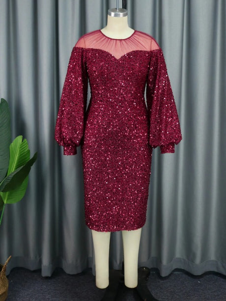 AOMEI Long Sleeve Sequin Midi Dresses Vintage Burgundy