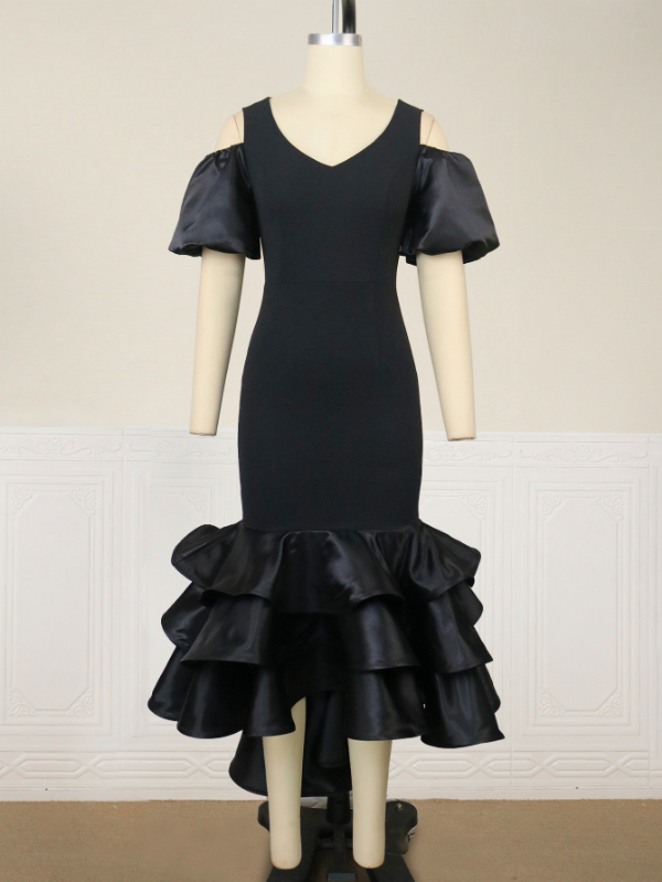 AOMEI Puff Sleeve Hollow Out Black Mermaid Party Dresses
