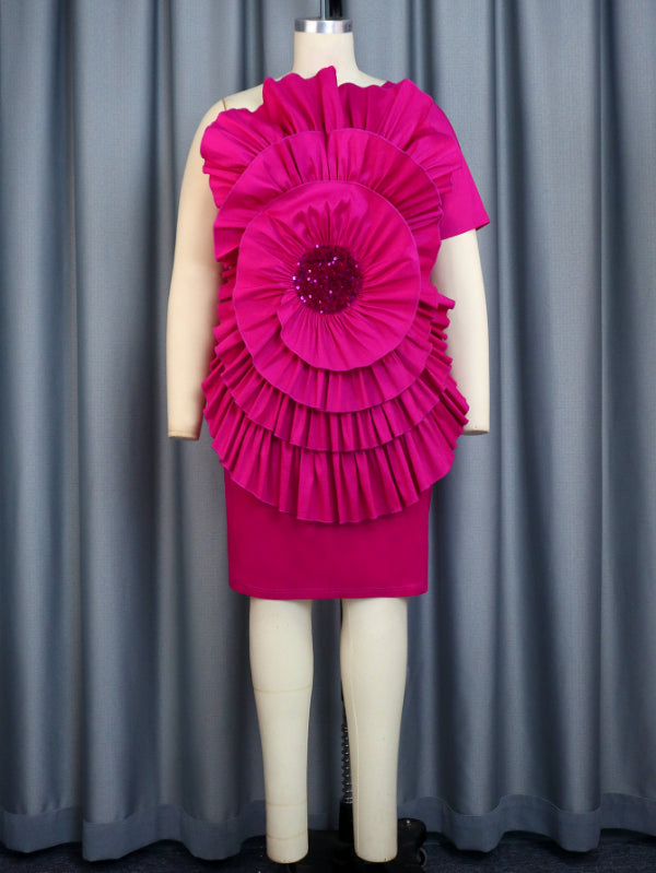 AOMEI Fuchsia One Sleeve Sequin 3D Rose Dress Mini