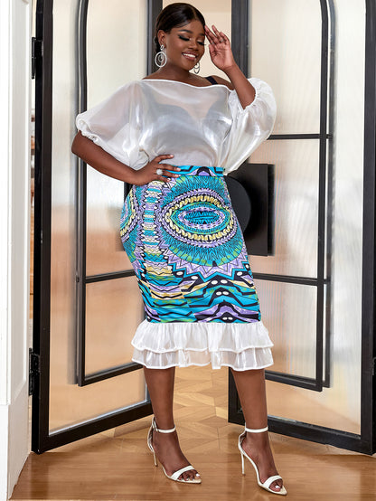 AOMEI Women 2 Pieces Set White Blouse Printed Skirt