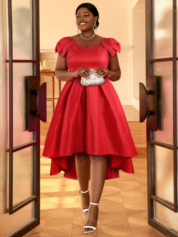 AOMEI Plus Size Red A-Line Bow Off Shoulder Dress