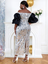 AOMEI Plus Size Bare Shoulder Silver Sequin Dress Maxi