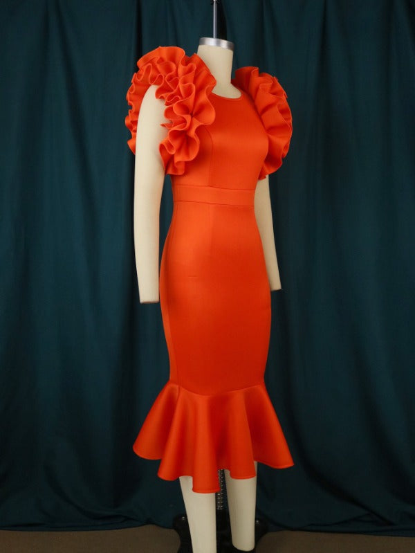 AOMEI Orange Ruffle Flower Mermaid Dresses Midi