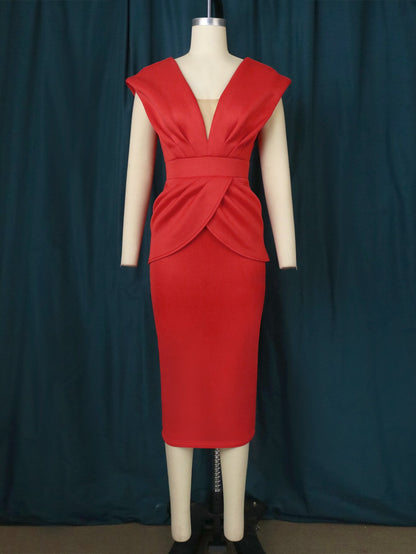 AOMEI Plus Size Red V Neck Sleeveless Midi Dresses