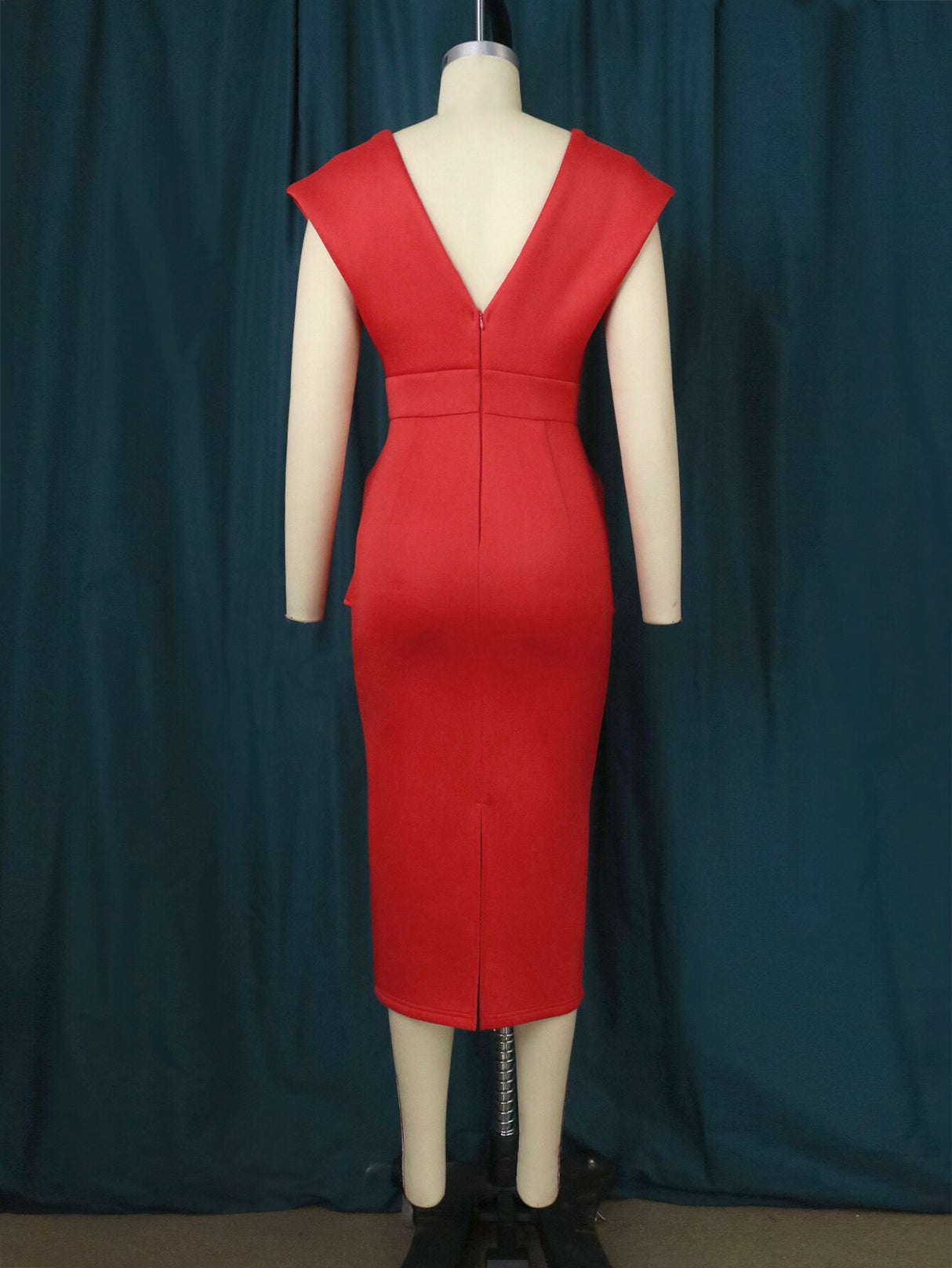 AOMEI Plus Size Red V Neck Sleeveless Midi Dresses