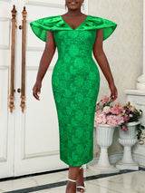AOMEI Green Jacquard Bodycon V Neck Party Dress