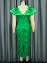 AOMEI Green Jacquard Bodycon V Neck Party Dress
