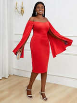 AOMEI Cloack Sleeve Party Dresses Off The Shoulder Red Bodycon Knee Length