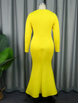Yellow Long Sleeve Dresses V Neck Tulle Patchwork High Waist Package Hip Evening