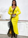 Yellow Long Sleeve Dresses V Neck Tulle Patchwork High Waist Package Hip Evening