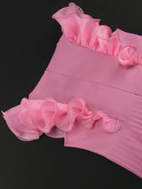 AOMEI A Line Pleate Midi Dress O Neck Sleeveless Ruffles High Waist Pink
