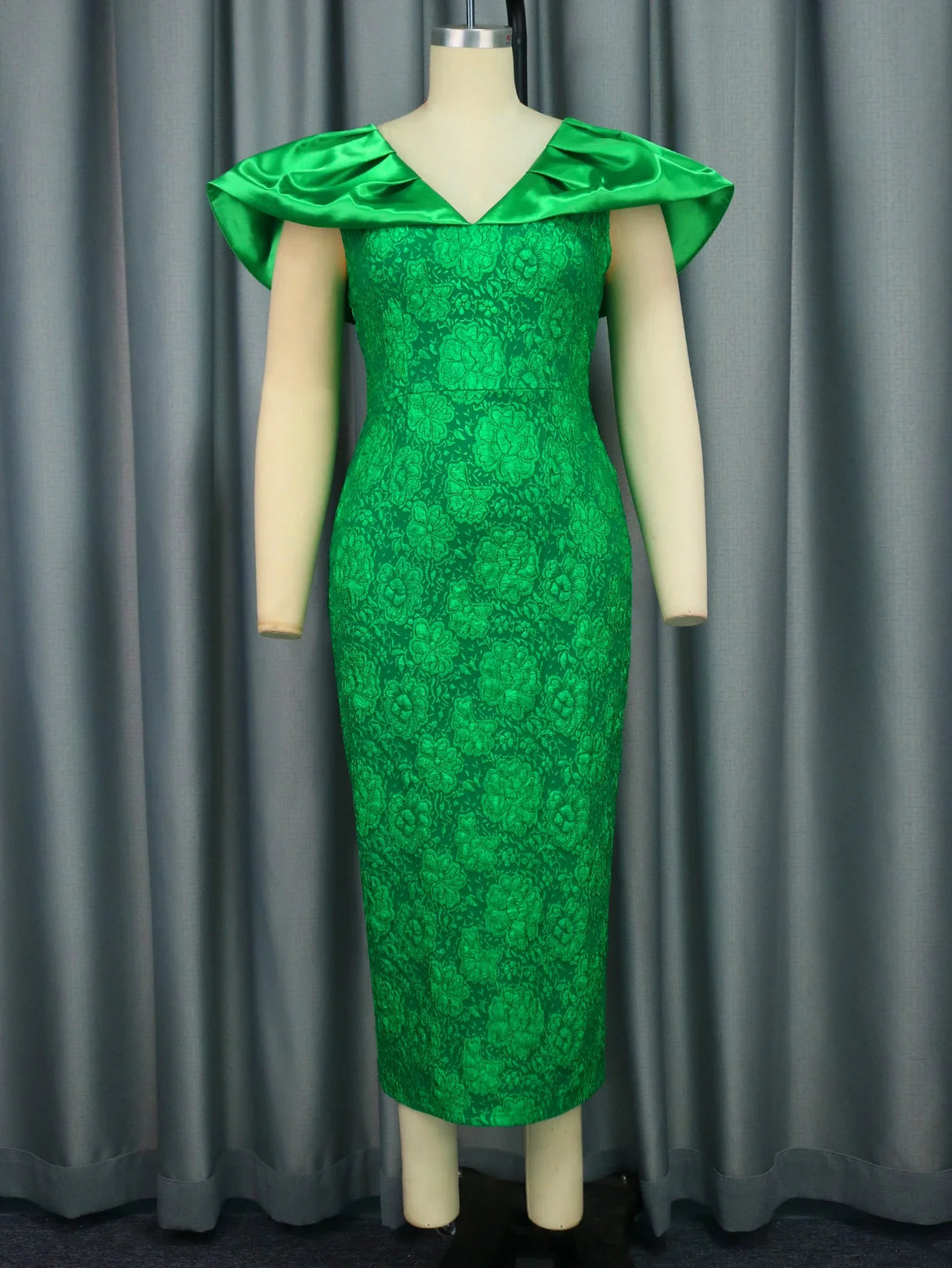 Green Jacquard Bodycon Dress V Neck Patchwork Sleeves Party Elegant Dinner Dance Event Occasion Classy Gowns Female African New