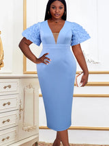 Sexy V Neck Dress for Women Elegant Big Size Blue Flower Sleeve Elegant Dresses Birthday