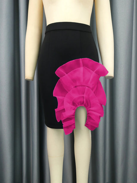 AOMEI Women Black Pink Ruffle Knee Length Skirt