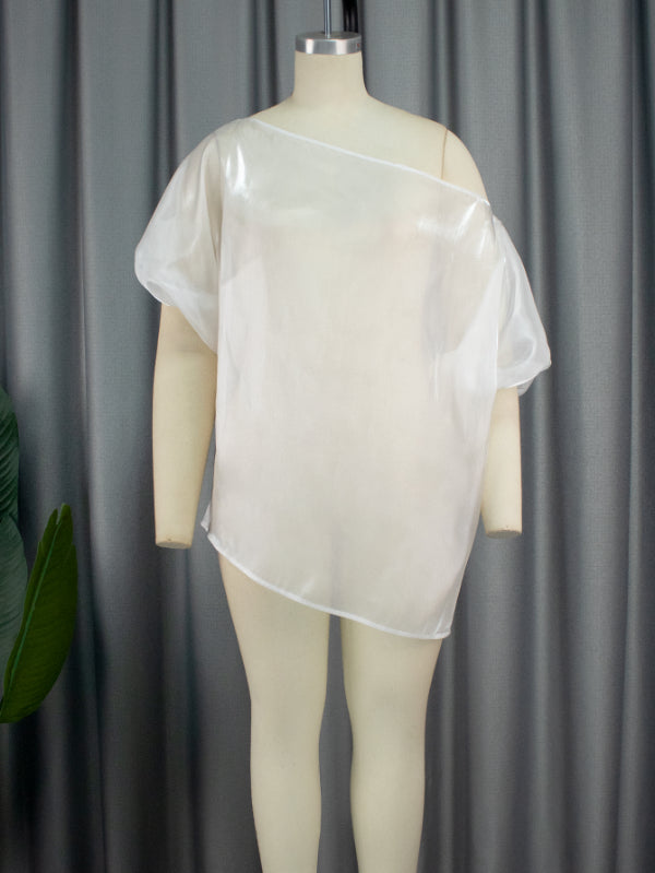 AOMEI Skew Collar White Blouses Shirt See Through