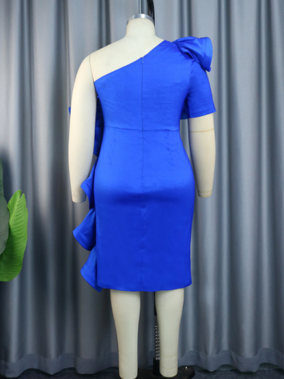 AOMEI Ruffle Shiny Blue One Shoulder Midi Dress