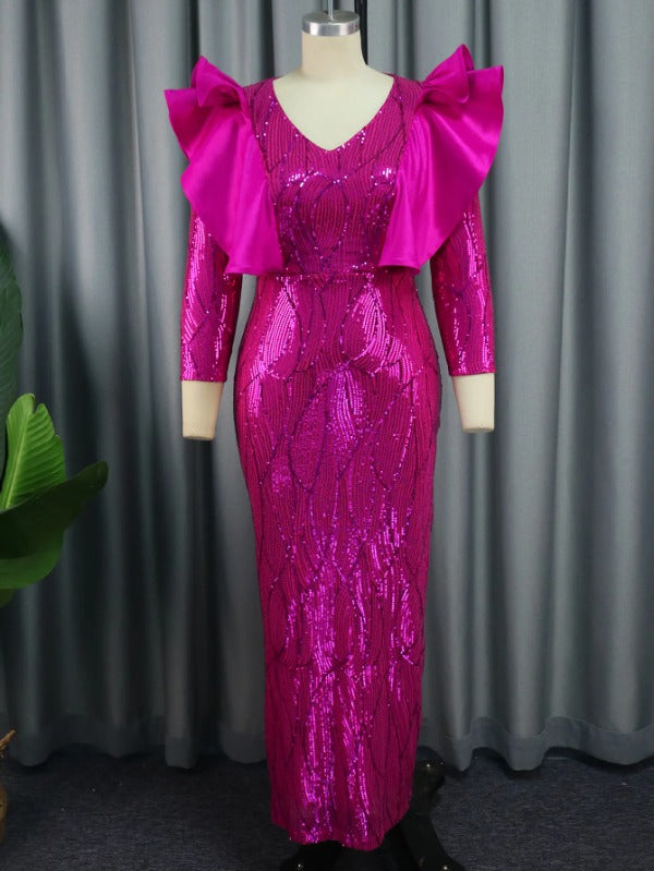 AOMEI Ruffle Trim Sequined Evening Dress Maxi