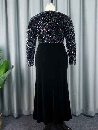 AOMEI Long Sleeve Colorful Sequin Velvet Mermaid Dresses Maxi