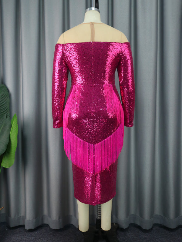 AOMEI Plus Size Fuchsia Sequin Tassel Dresses Midi