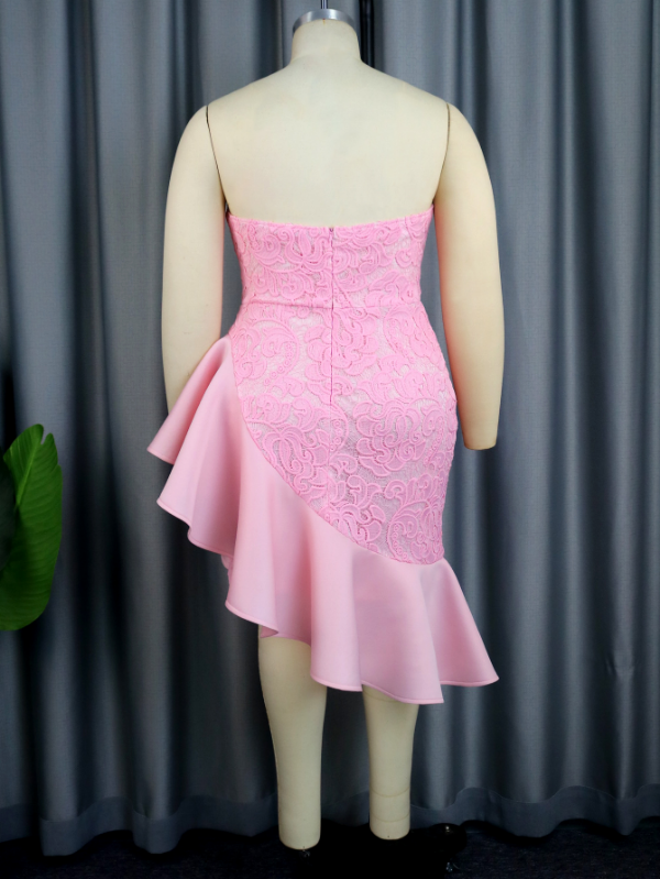 AOMEI Strapless Sexy Pink Lace Mini Fishtail Dress