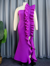 AOMEI One Shoulder Ruffle Maxi Fishtail Dress
