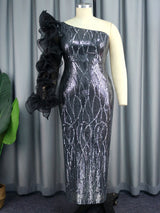 AOMEI Ruffle Mesh Sleeve Silver Sequins Dress Maxi