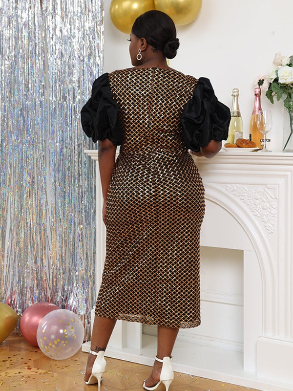 AOMEI Asymmetrical Plaid Glitter Sequin Dress Midi