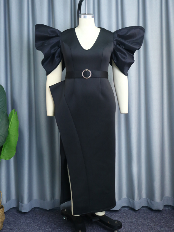 AOMEI Plus Size V Neck High Slit Maxi Party Dress