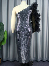 AOMEI Ruffle Mesh Sleeve Silver Sequins Dress Maxi