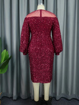 AOMEI Long Sleeve Sequin Midi Dresses Vintage Burgundy