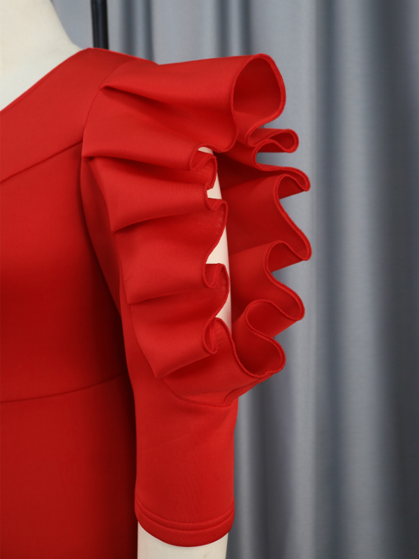 AOMEI Women Red Sheath Ruffle Midi Dress