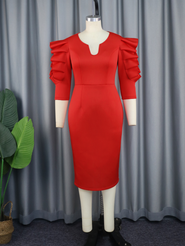 AOMEI Women Red Sheath Ruffle Midi Dress