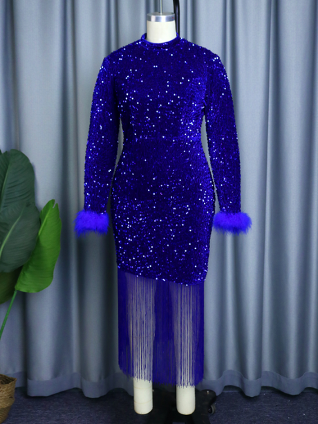 AOMEI Velvet Glitter Sequin Feather Sleeve Tassel Dress Mini