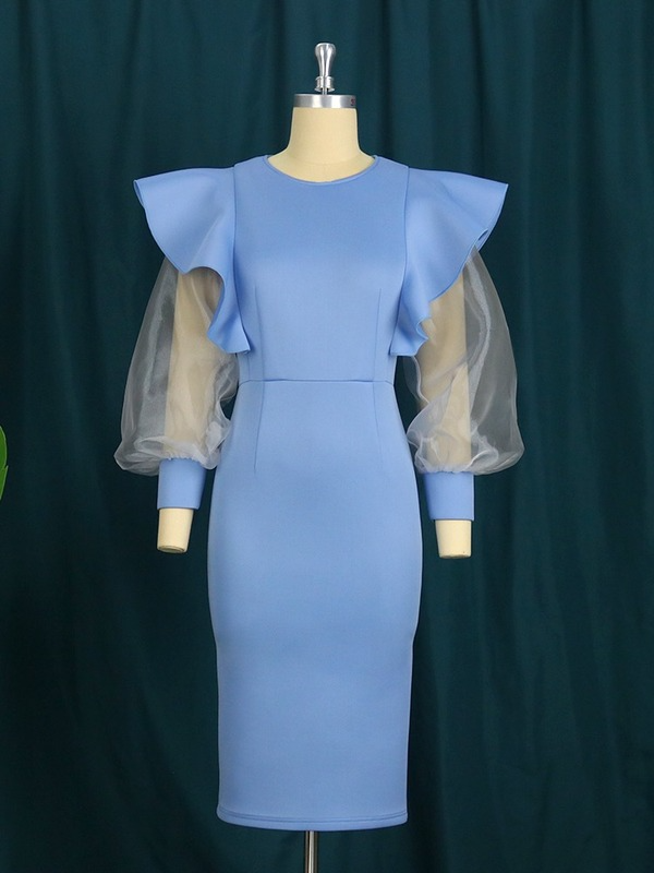 Women Blue Tulle Sleeve Ruffles Bodycon Dress