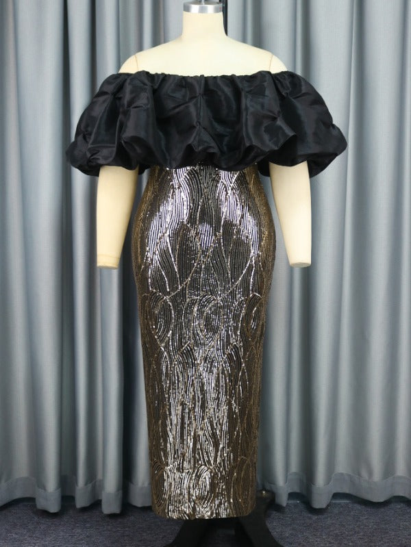 AOMEI Plus Size Sequin Patchwork Strapless Maxi Dress