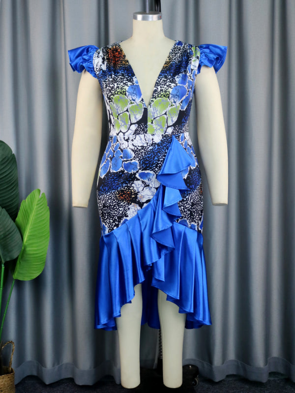 AOMEI Deep V Neck Printed Mermaid Party Dress Midi