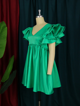 Green V Neck Flying Sleeve Mini Dress For Women