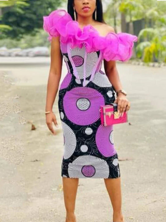 African Women Print Dress Ruffles Bare Shoulder Midi
