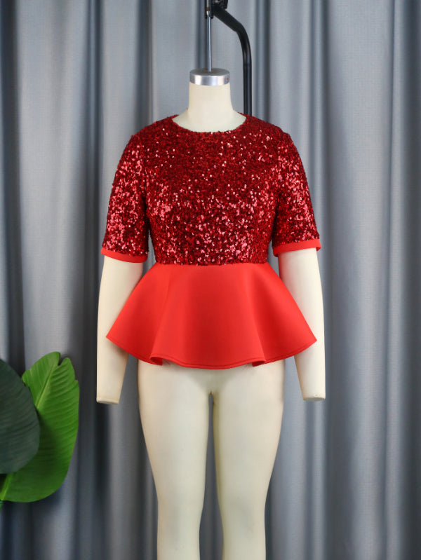 AOMEI Women Short Sleeve Red Sequined Blouses