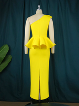 One Shoulder Sleeveless Yellow Rosette Maxi Dress Party