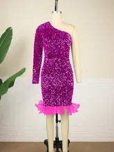 One Shoulder Velvet Colorful Sequin Mini Dress
