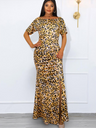Printed O Neck Short Sleeve High Slit Leopard Long Dresses