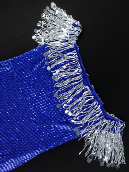 AOMEI Blue Sequin Strapless Sparkly Tassel Dress Maxi